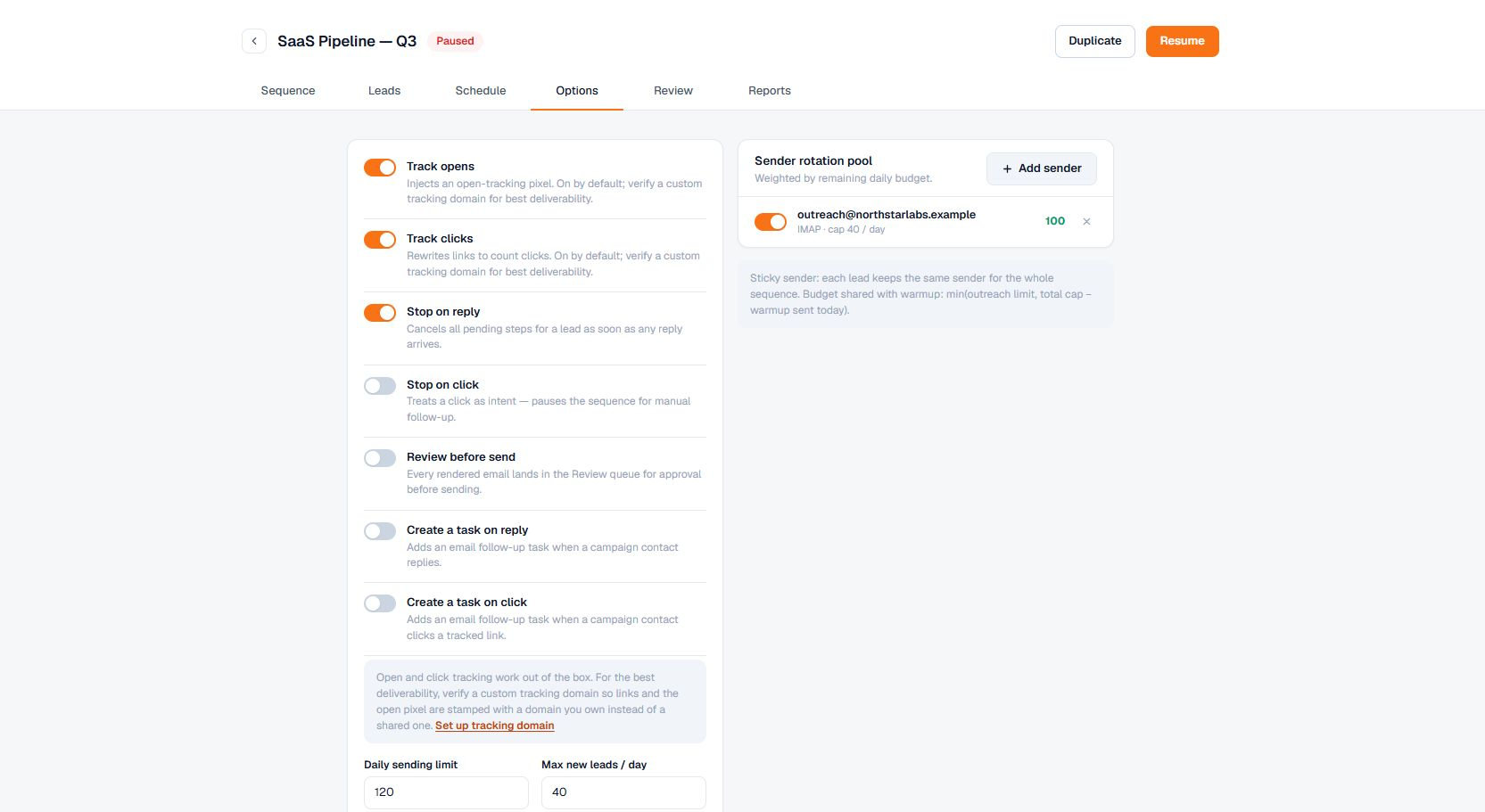 Terlido campaign Options tab for tracking, send limits, and stop rules