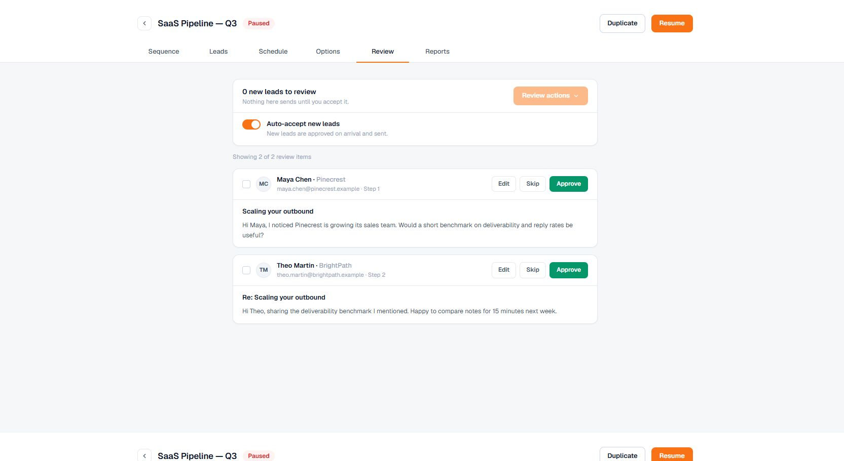 Terlido campaign Review tab for approving personalized messages