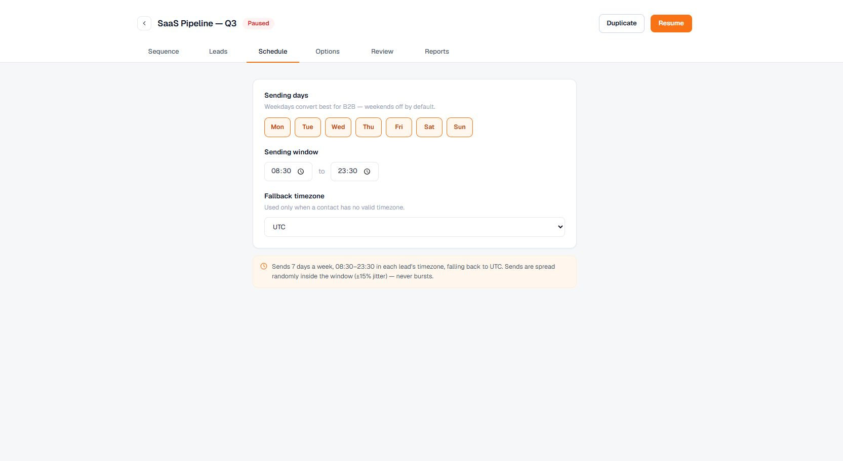 Terlido campaign Schedule tab with sending window controls