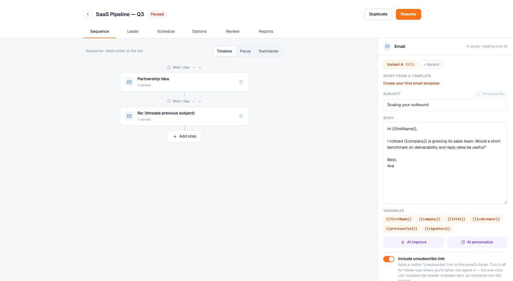 Terlido campaign Sequence tab and sequence editing controls
