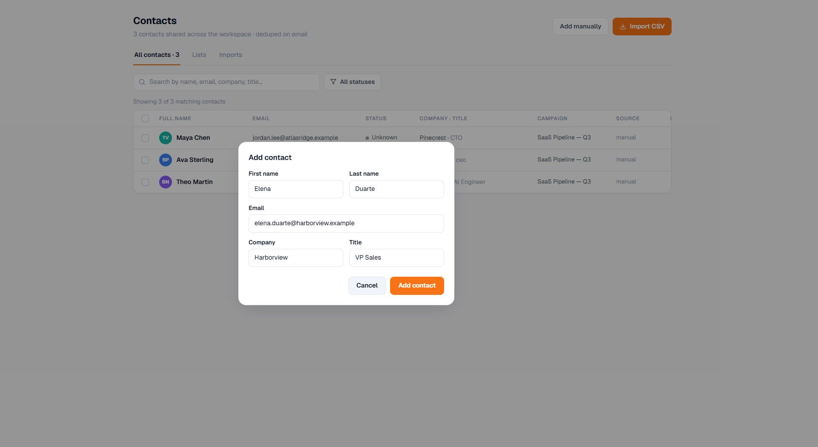 Current Terlido Contacts Add Manually interface