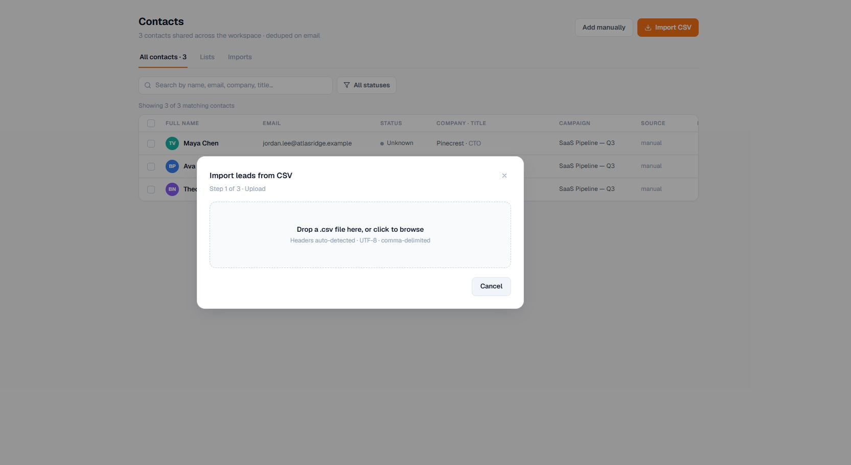 Current Terlido Contacts Import Csv interface