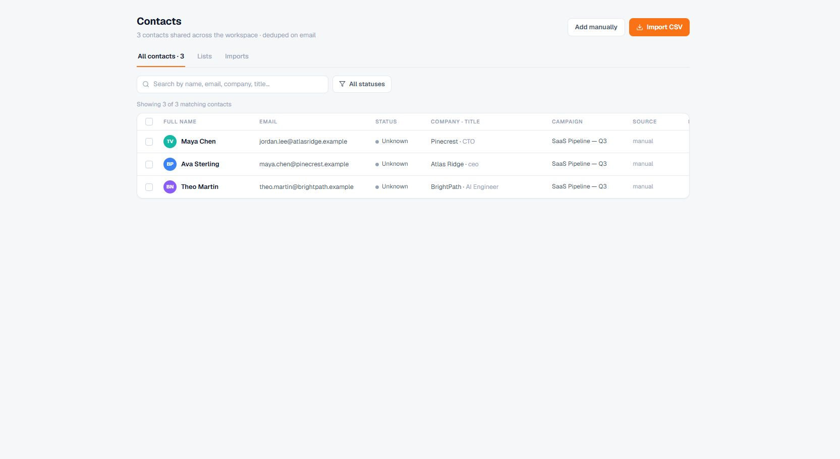 Terlido Contacts screen with contact, list, and import controls