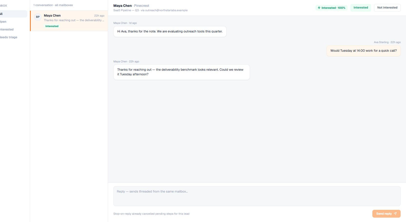 Terlido Inbox screen with filters, threads, and conversation layout