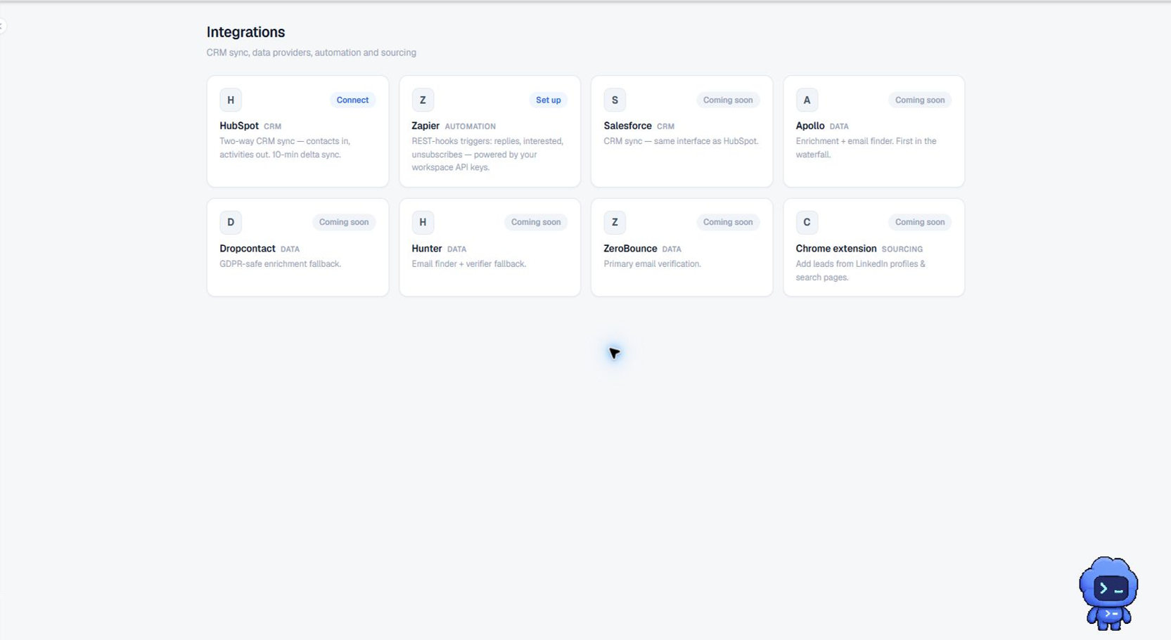 Terlido Integrations screen showing available and coming-soon providers