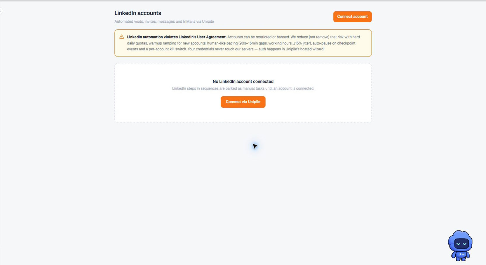 Terlido LinkedIn screen with connection, quota, and safety controls