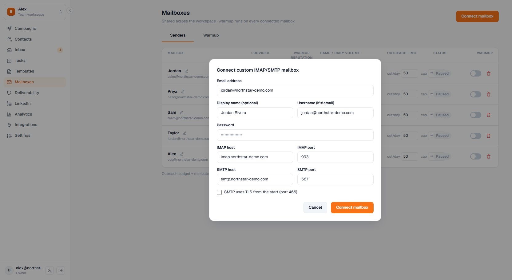 Terlido custom IMAP and SMTP connection dialog with server, port, and TLS fields