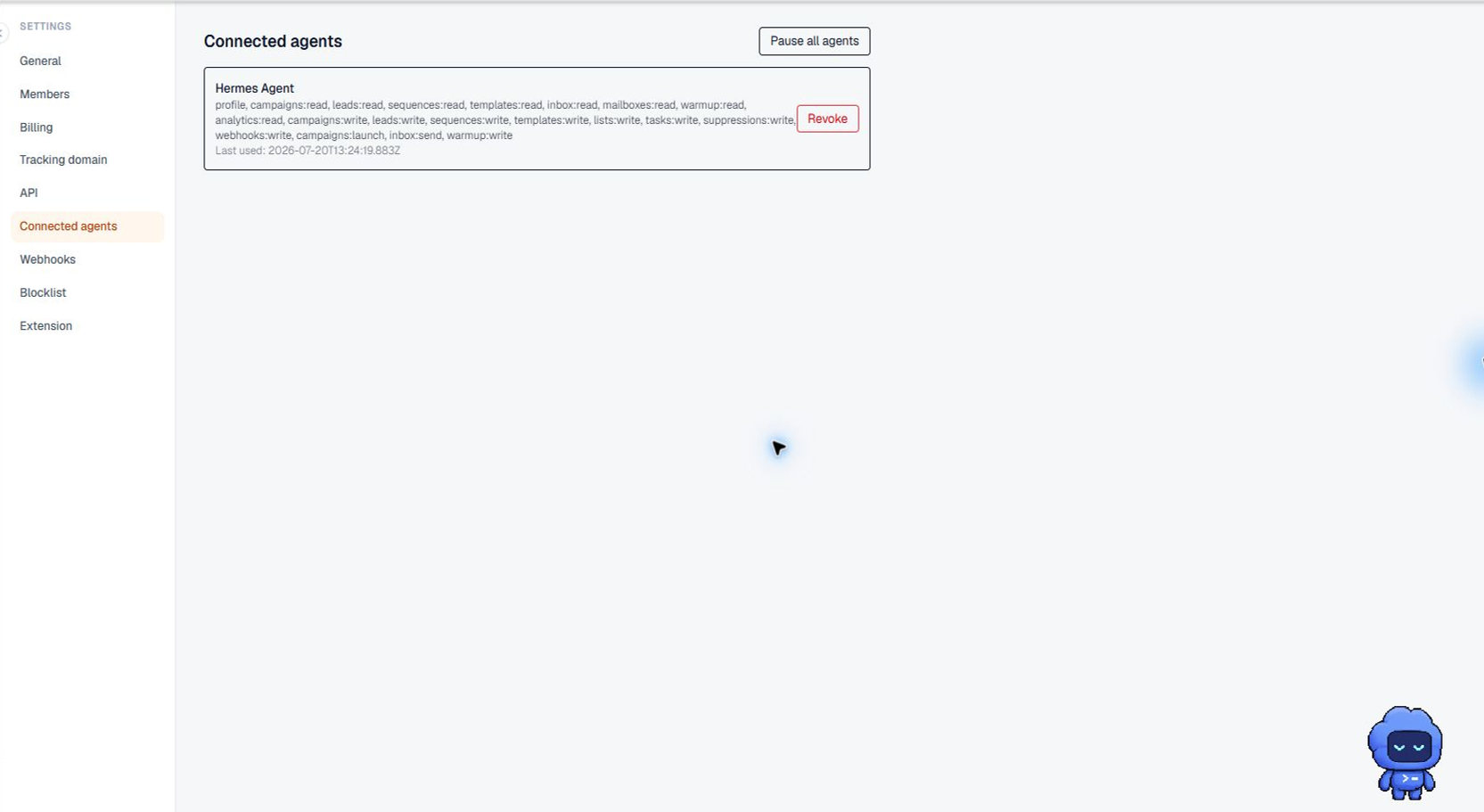 Terlido Connected agents settings for managing authorized agent access