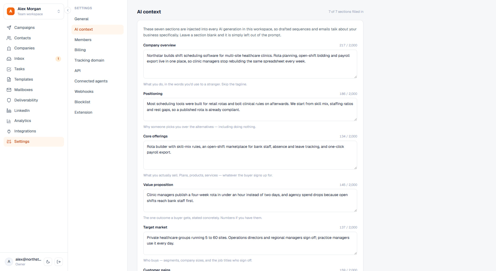 Terlido AI context settings with the seven company-profile sections