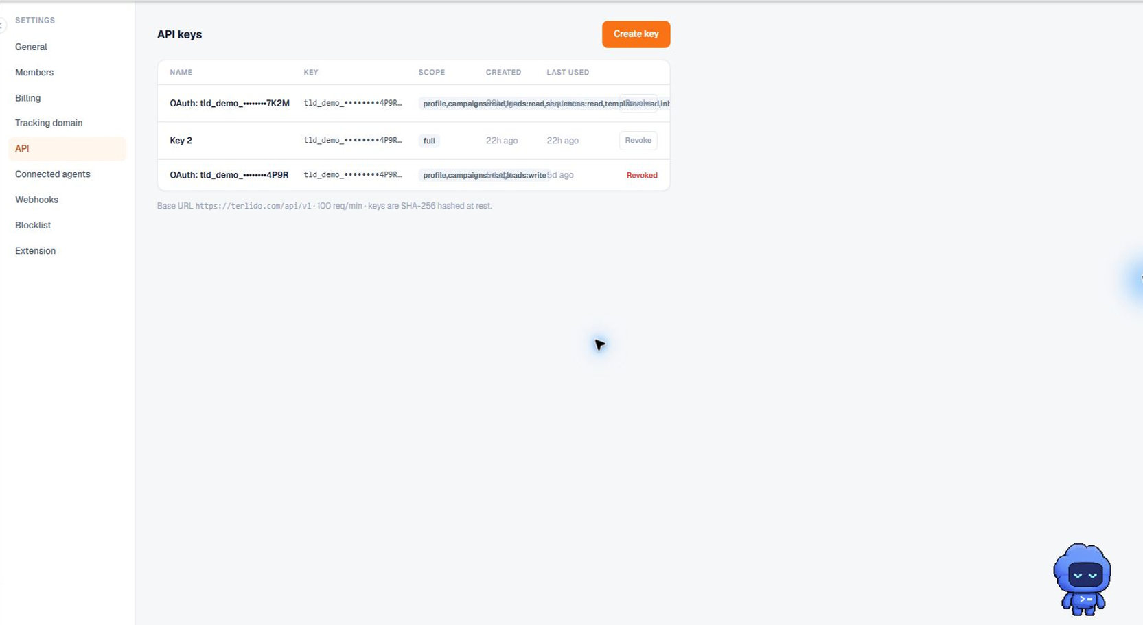 Terlido API settings with key creation and scope columns
