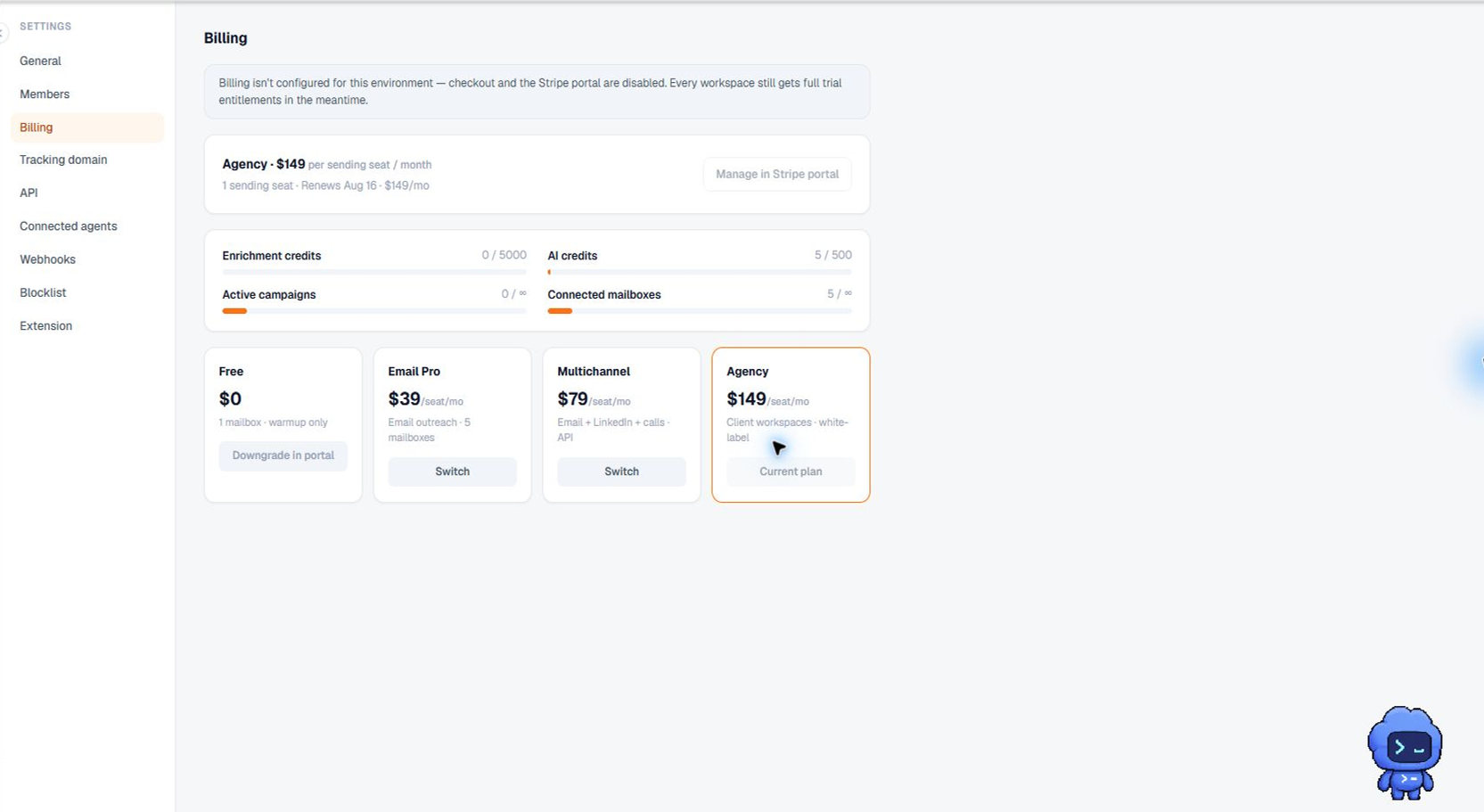 Terlido Billing settings for plan and subscription management
