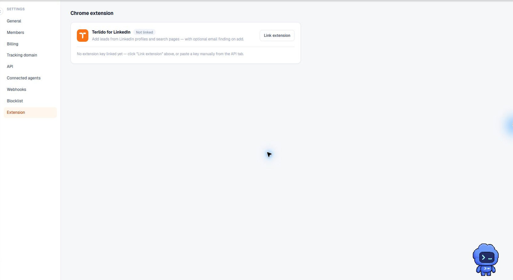 Terlido Chrome extension settings with the Link extension action