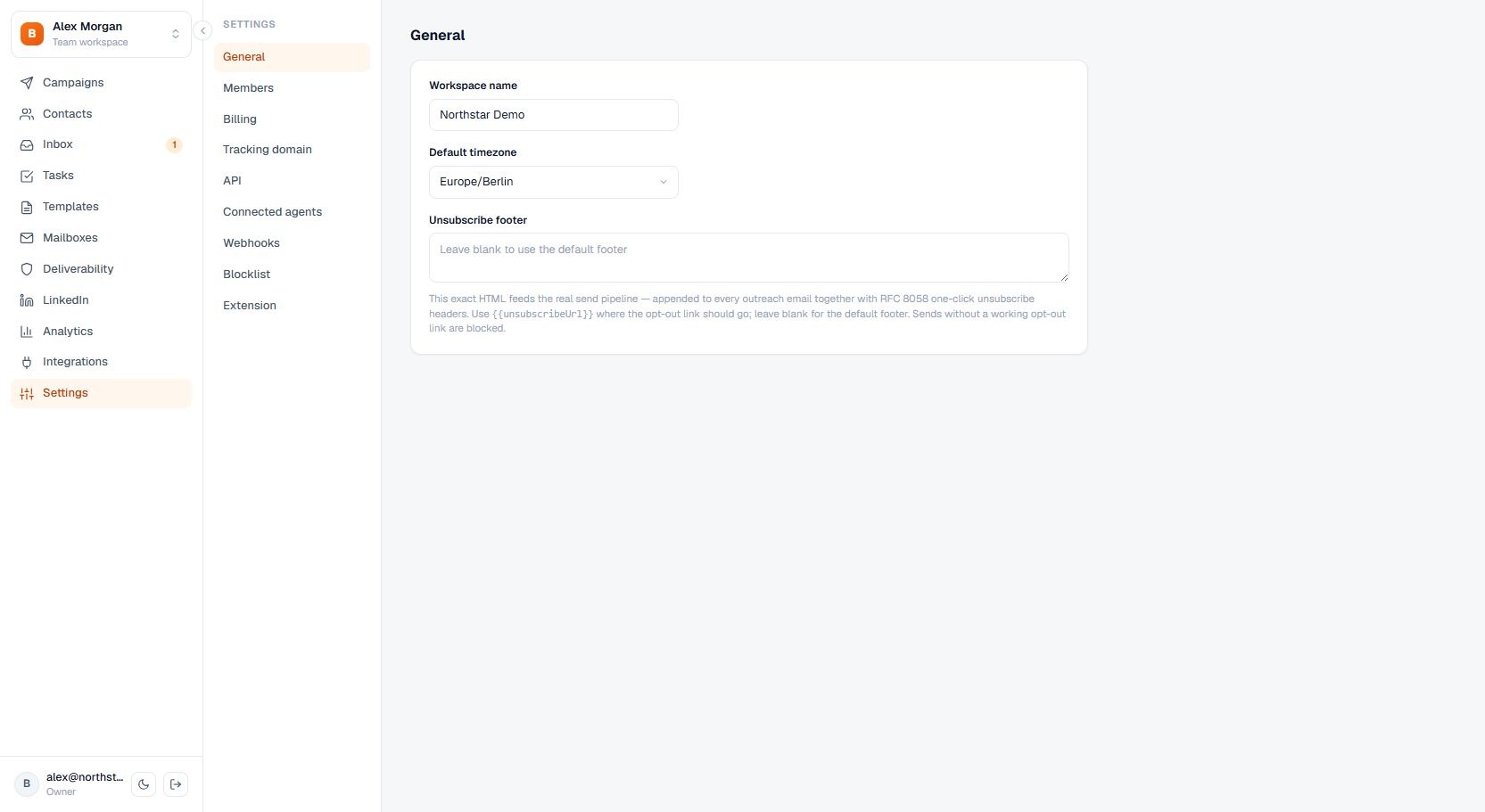 Terlido Settings screen with workspace configuration navigation