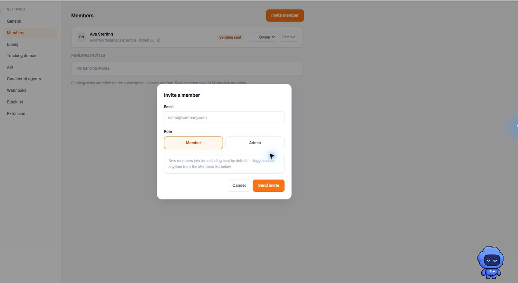 Current Terlido Settings Members Invite interface