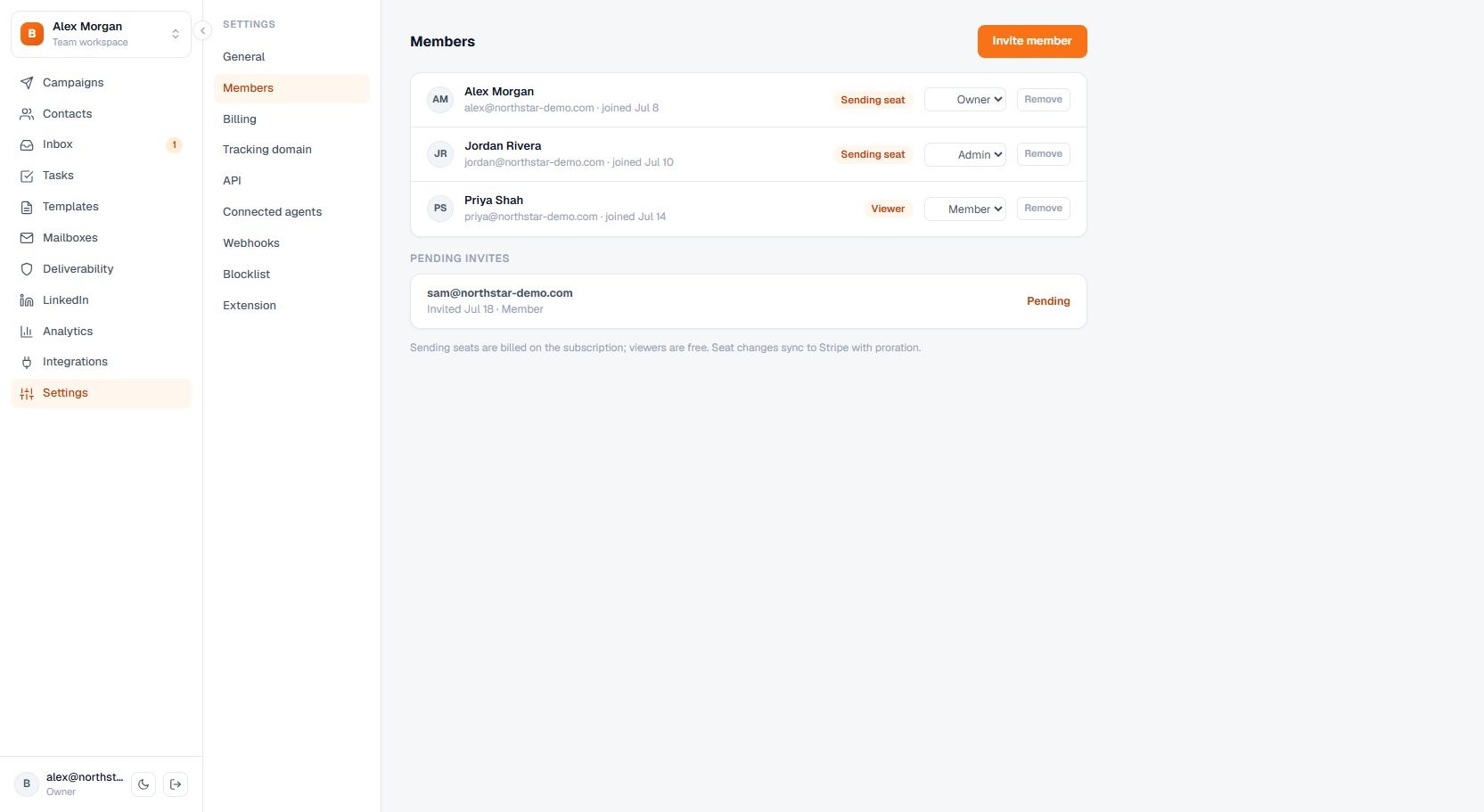 Terlido Members settings for invitations, roles, and seats
