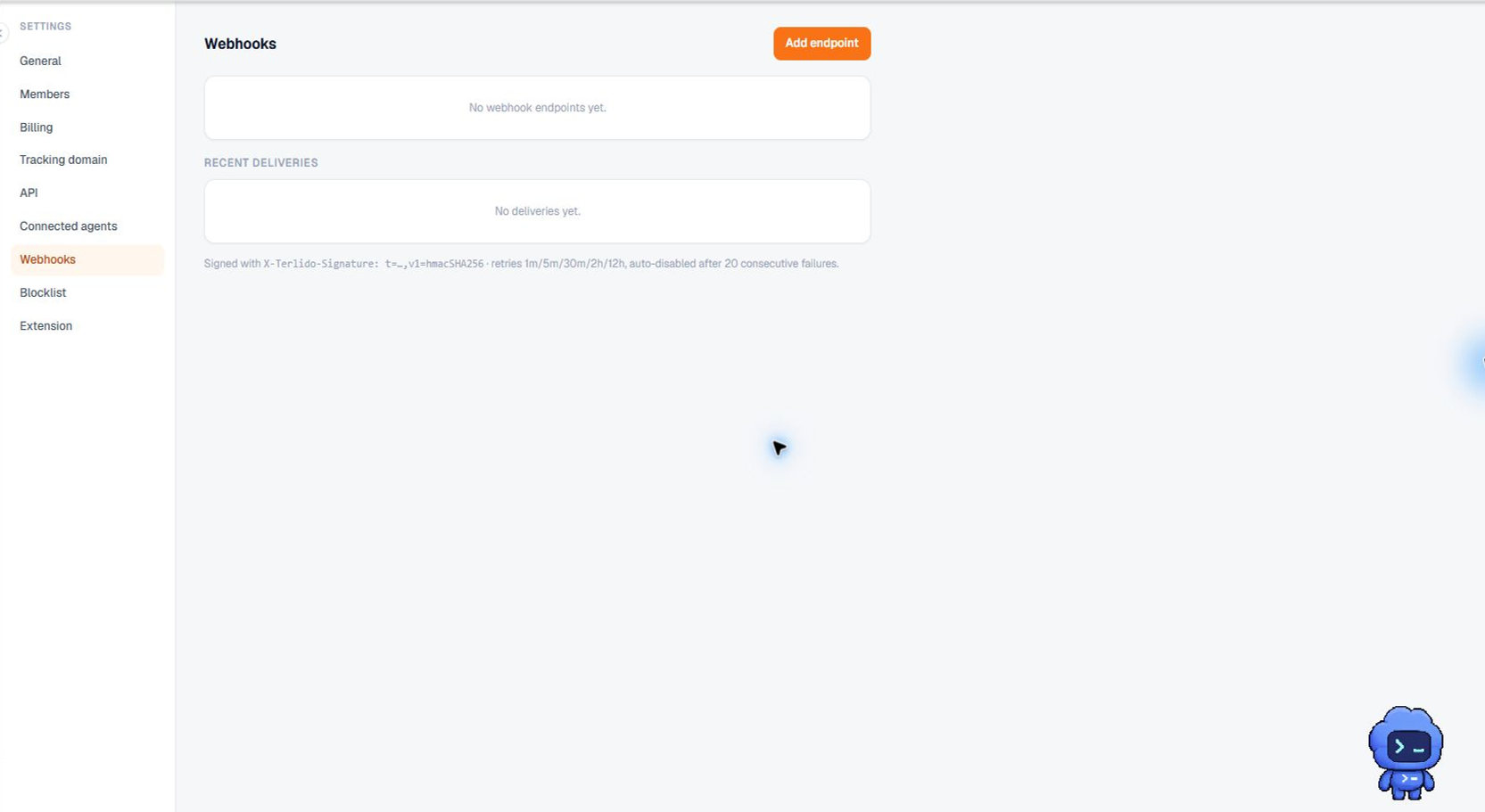Terlido Webhooks settings for endpoint and signing configuration