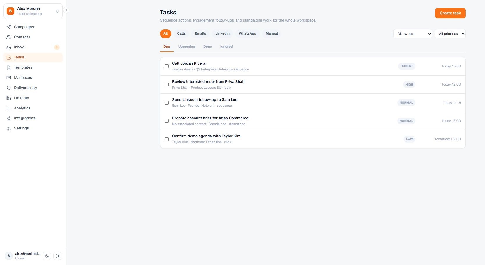Terlido Tasks screen for manual, call, and social follow-up work