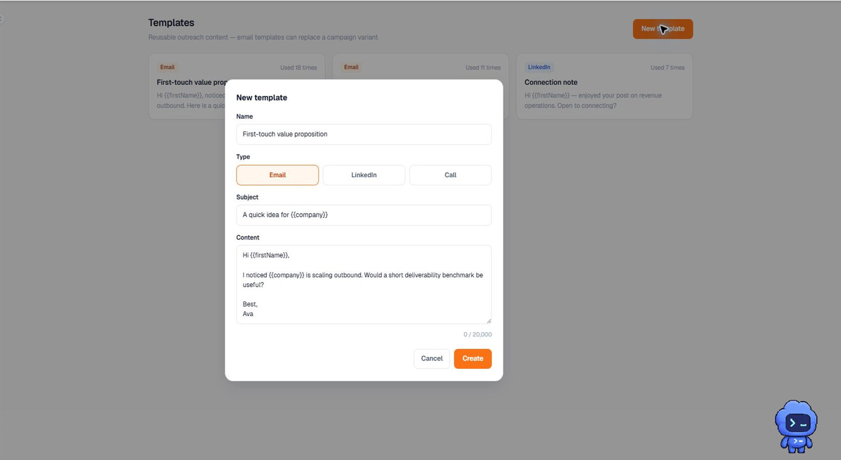 Current Terlido Templates Create interface