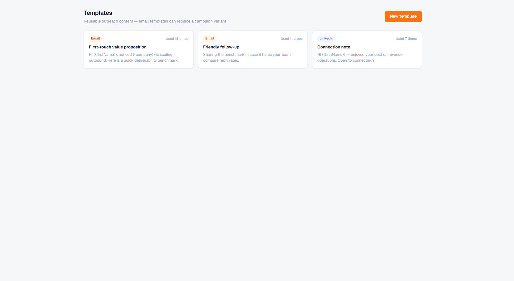 Terlido Templates screen for reusable outreach content
